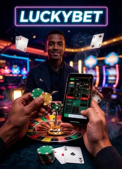 LuckyBet login on a smartphone at a casino table with chips and cards